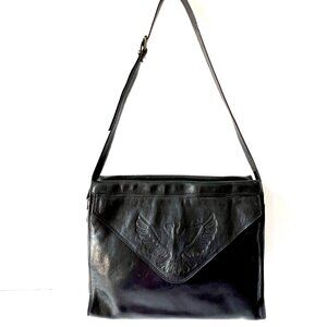 Vintage Leather Navy Handbag with Eagle Emblem, Crossbody Style, Signed VGC!
